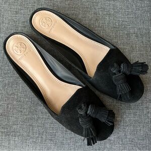 Tory Burch Black Salinas Tassle Natural Suede Slide